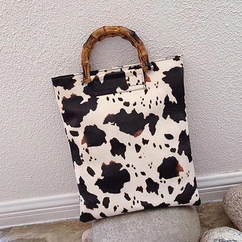 

Milk Cow Pattern Women Handbags Vintage Bamboo Handle Ladies Hand Bags Casual Large Capacity Totes Females Handbag Purses Bucket