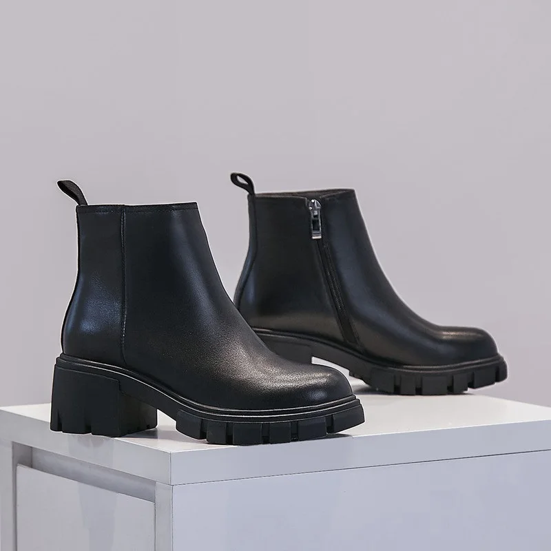 

MEZEREON Full Grain Leather Women Boots Med Heel 6 CM Female Shoes Solid Zipper Ankle Boots Simple Style Footwear