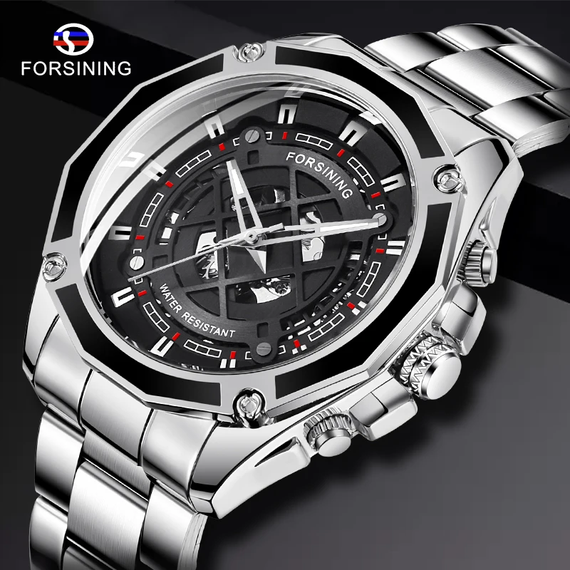 

Forsining 3D Transparent Design Silver Stainless Steel Mens Automatic Skeleton Watch Top Brand Luxury Male Clock Montre Homme