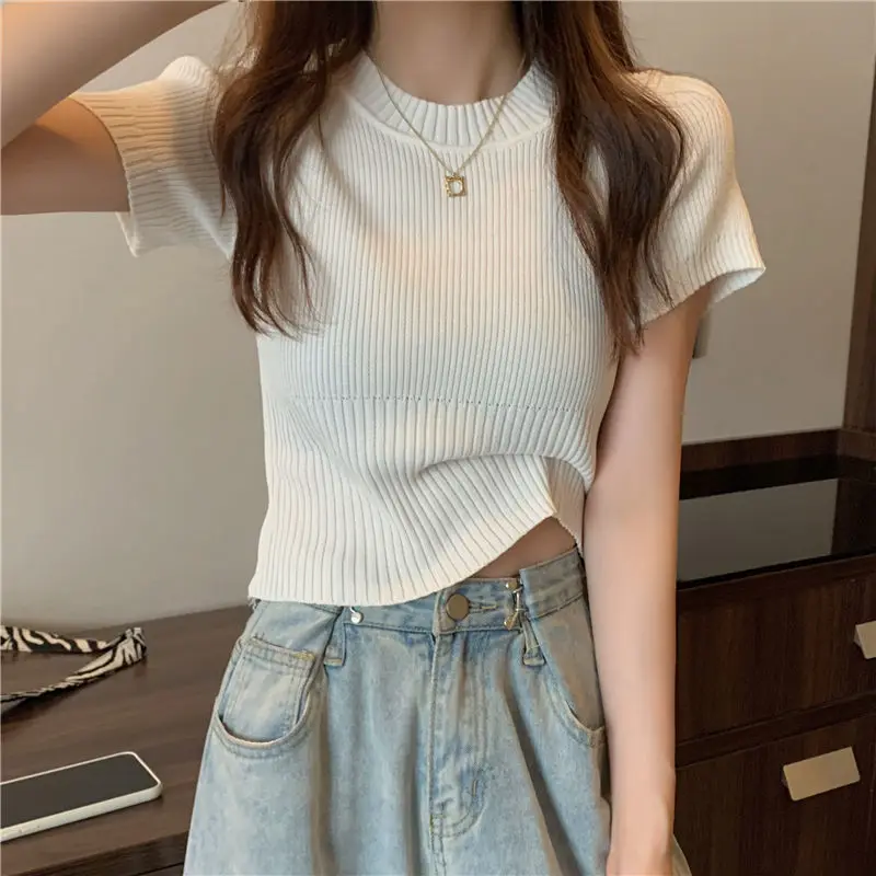 Summer Slim Thin Round Neck Solid Color Knitted Short-sleeved Pullover T-shirt Spring And Autumn New Fashion Bottoming Top