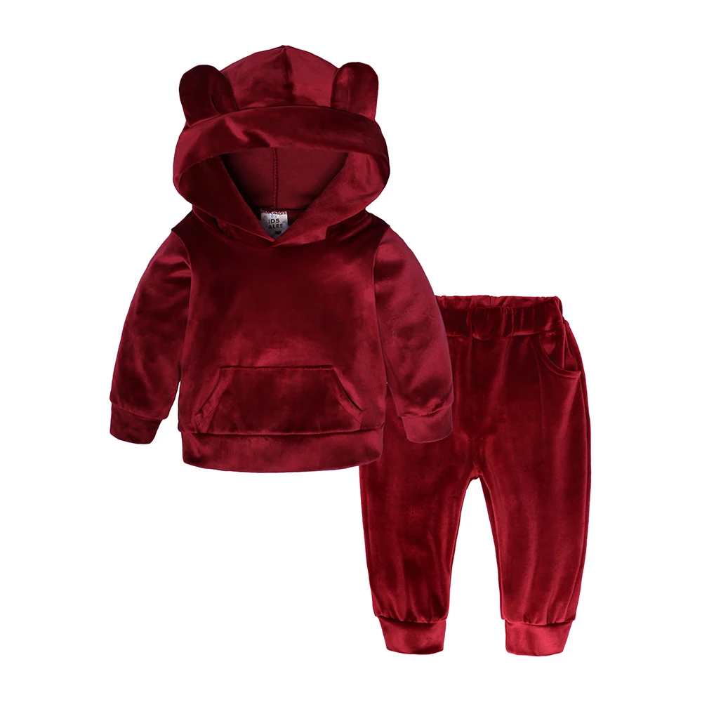 Новая зимняя одежда из 2 предметов для маленьких мальчиков и девочек, Бархатные Топы с капюшоном+ штаны, комплект теплой одежды