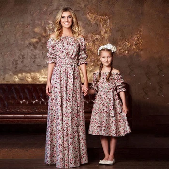 

Family Matching Clothes Floral Long Dress Mom And Daughter Dress Printed Half Sleeves Dresses With Belt Family Look mama i corka