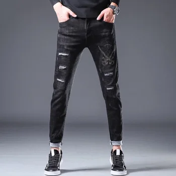 

pp original embroidery bags skull European version leisure slim elastic straight leg leather hole jeans fashion men's pants