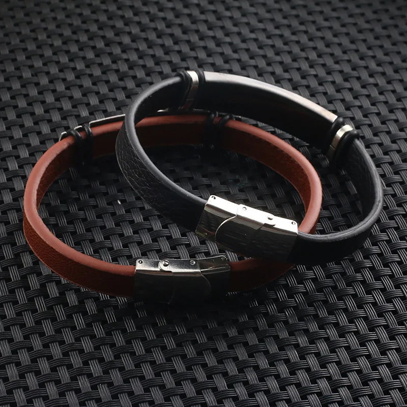 Модный мужской кожаный браслет из нержавеющей стали, браслет из натуральной кожи, черные браслеты и браслеты для мужчин или wo мужчин, изготовление ювелирных изделий