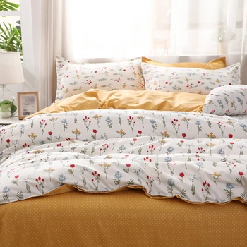 

Country style Plant flowers bedding set，Yellow grid Duvet Cover with Pillowcase 220×240/200×200 quilt Cover，king Blanket cover
