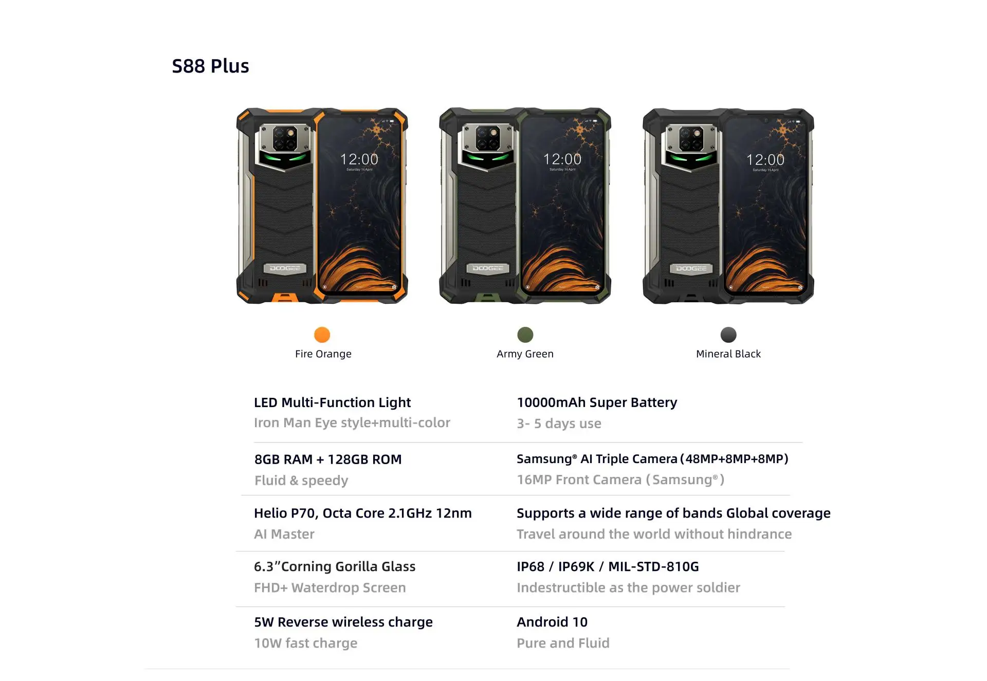 Doogee S88 Plus Rugged Mobile Phone 10000mAh Super Battery 8+128GB 48MP Main Camera Android 10 IP68/IP69K Global version Phone