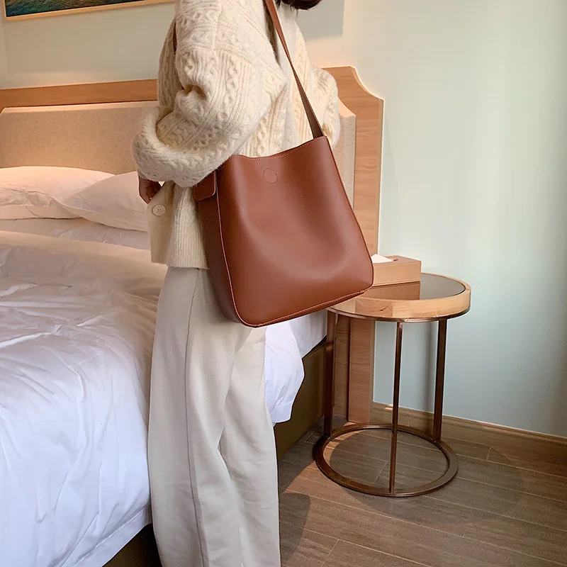 

Shoulder Bag Women's Large 2019 New Style Autumn And Winter Simple Western Style Textured Bucket Bag Versatile Messenger Bag