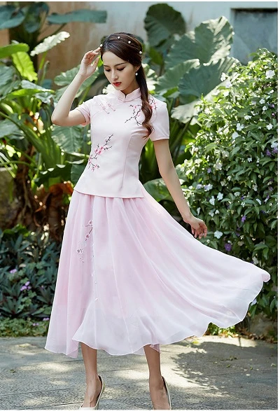 pink 2 Piece Set SHENG COCO, женская одежда, Восточный чонсам, топы, костюм, комплект из 2 предметов, традиционная китайская рубашка 4XL, плюс размер, Династия Цин - Цвет: pink 2 Piece Set