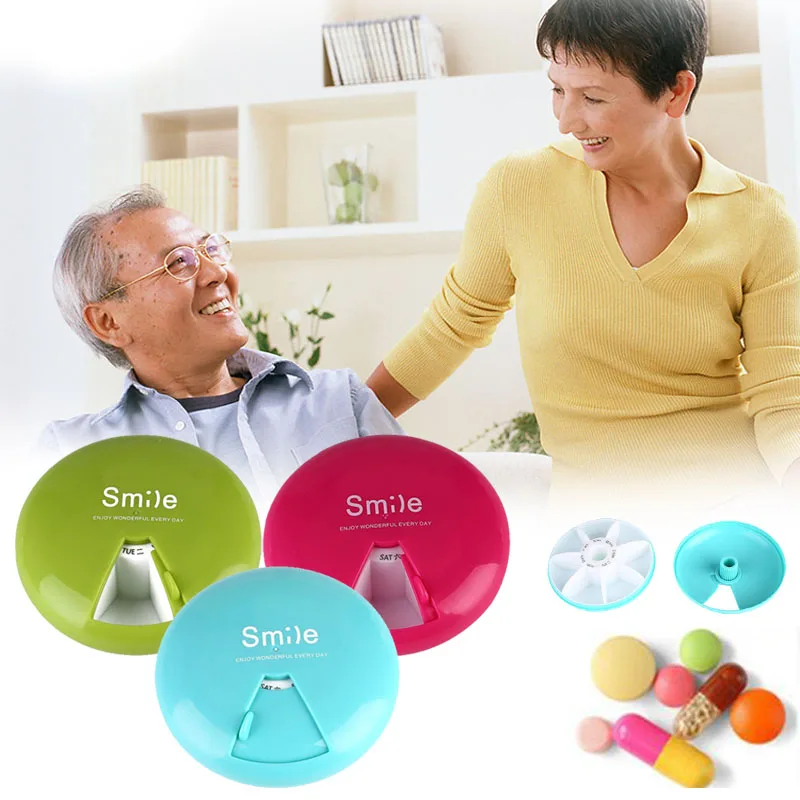 Pill Container Boxes Round Rotate Shut Lid Travel Portable Case Weekly Storage