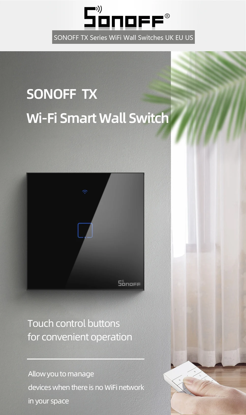 Интеллектуальный выключатель света SONOFF T3 Wi-Fi RF Беспроводной 433 МГц RF пульт Управление настенный сенсорный выключатель света Панель розетка ЕС/Великобритании партии 1/2/3 Поддержка Google Home Alexa