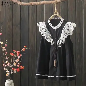 

Summer Lace Crochet Tanks Tops Women Blouse ZANZEA 2020 Casual Patchwork Sleeveless Shirt Vintage Buttons Down Blusas Chemise