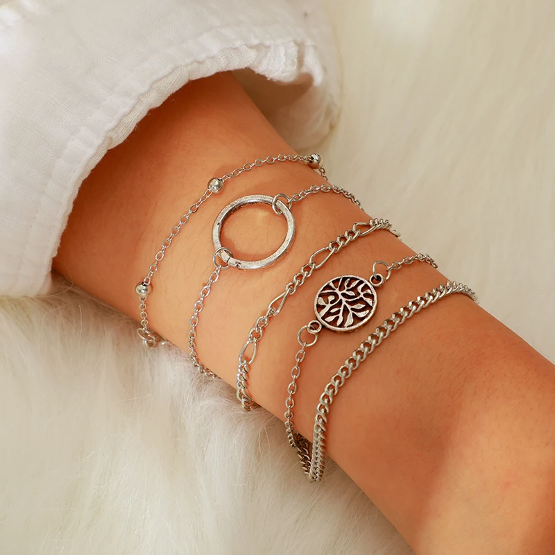

Tocona Bohemia New Fashionable Round Hollow Tree Shape Design 5pcs/sets Silver Color Bracelets For Women Ladies Jewelry 3946