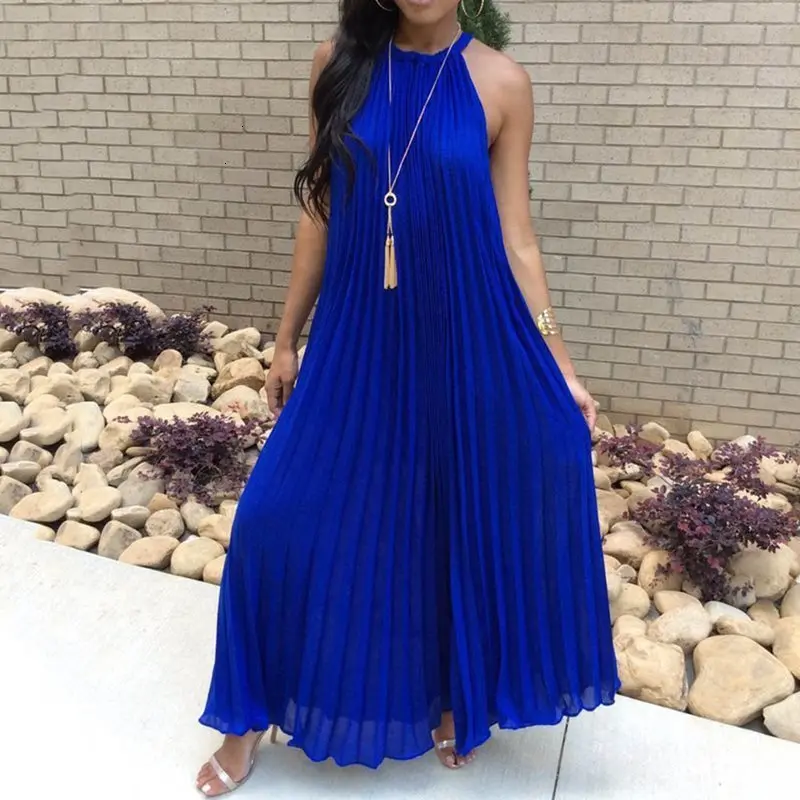 

White Maxi Dress Women 2019 Sexy Off Shoulder Sundress Party Elegant Summer Loose Fashion Solid Halter Blue Pleated Long Dresses