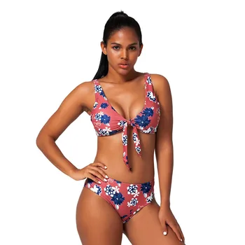 

Print Women Sexy Bikini Set Swimwear Knotted Padded Thong Swimsuit Wire Free Scoop Neck Bathing Suit Swimming Suit