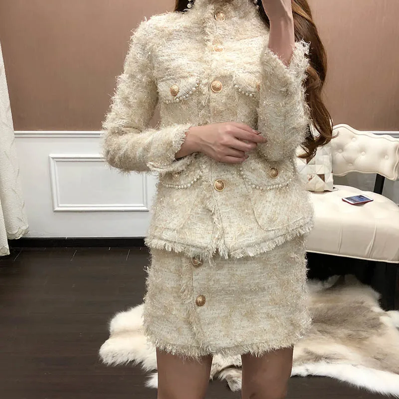 

Tweed Short Skirt Women Two Piece Set 2020 Autumn Office Lady Outfits Female Jacket Skirt Set With Tassel High Quality Fashion
