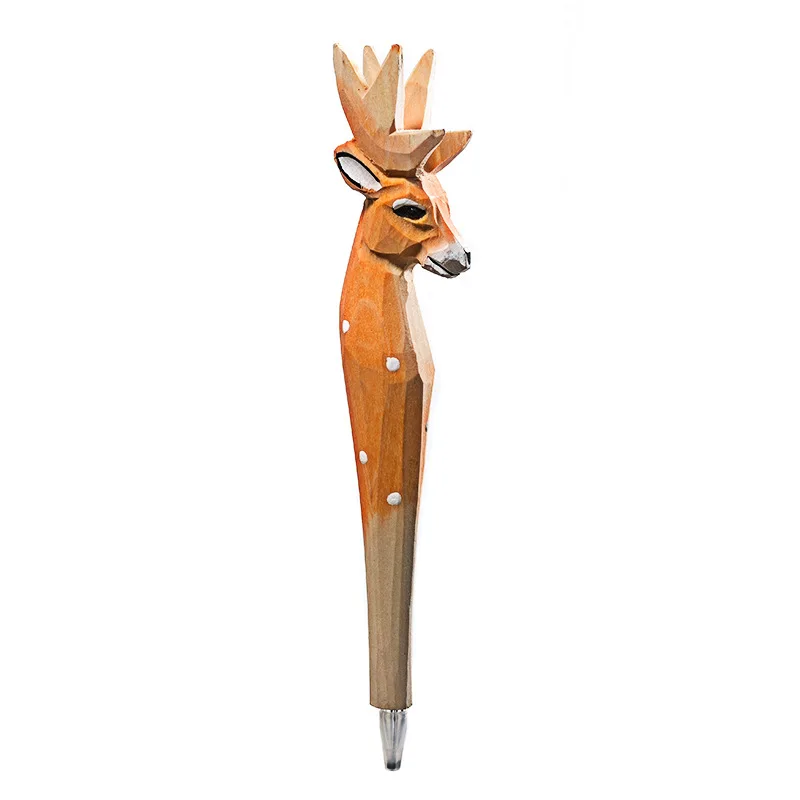Handmade Wooden Gel Pen 0.5mm Creative Animals Cat Dog Elephant Diamond Head Wood Carving Pens For Gifts Decoration Pens - Цвет: 2