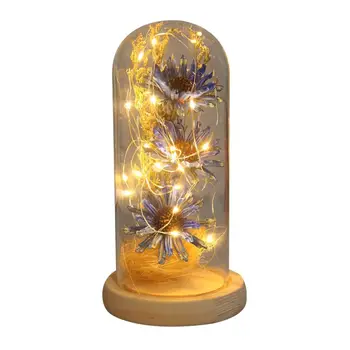 

Birthday Gift Home Decor Dried Flower And LED Light String In Glass Dome On Wooden Base For Mother/Valentine's Day Present
