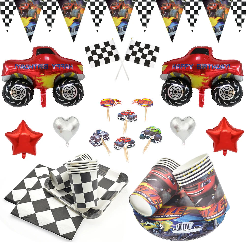 Juego de vajilla desechable con diseño de coches de carreras para niños, suministros de decoración con globos, para fiestas de cumpleaños
