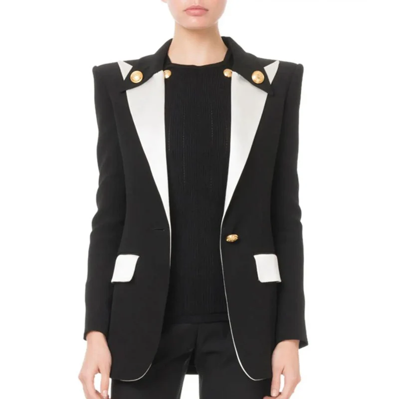 

Metal Lion Button Woman Blazers Long Sleeve Black White Patchwork Slim Waist Single Button Coats Plus Size