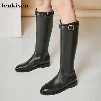 

Lenkisen Knight boots cow leather low heels round toe brand streetwear buckle straps winter keep warm women thigh high boots L02
