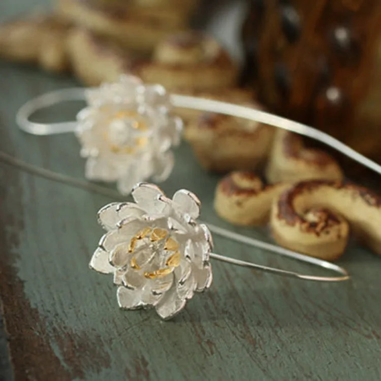 Простые женские маленькие серьги цветок лотоса Мода Настоящее серебро 925 серьги Бохо Серьги Висячие для женщин