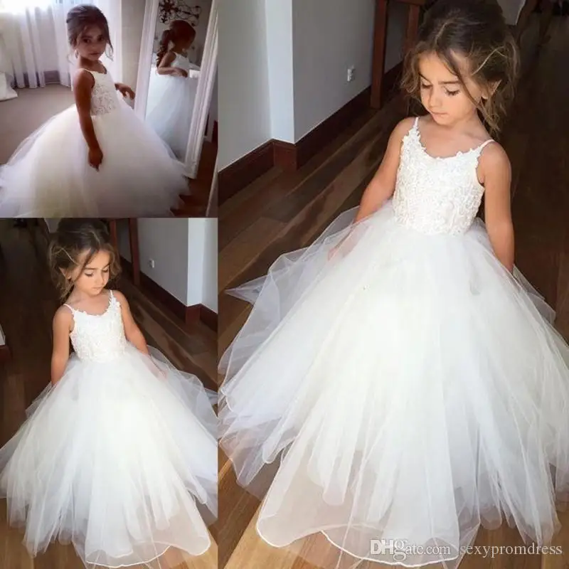 

Cheap Spaghetti Lace And Tulle Flower Girl Dresses For Wedding White Ball Gown Princess Girls Pageant Gowns Children Communion D