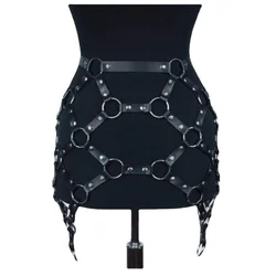 Sexy PU Leather Skirt With Adjustable Buckle Waist Belt Punk Goth Metal Rivet O Rings Hollow Out Mini Skirt Women Party Clubwear