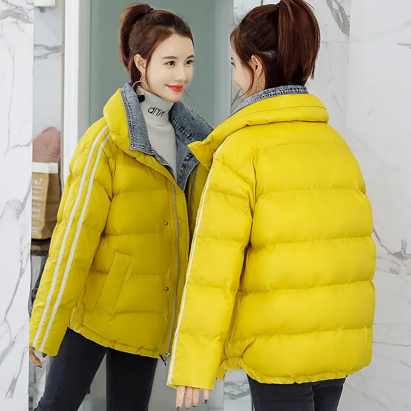 

Mock Two-Piece Cotton-padded Clothes Women's 2018 Winter New Style Cowboy Collar Joint Thick Students down Coat Short Cotton Coa