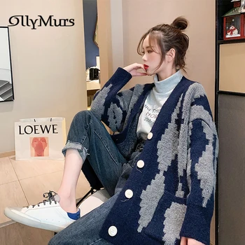 

Women Cardigan Sweater Coat KM076 Autumn Winter Thicken Female Knitting Cardigans Long Sleeves Loose Ladies Sweaters