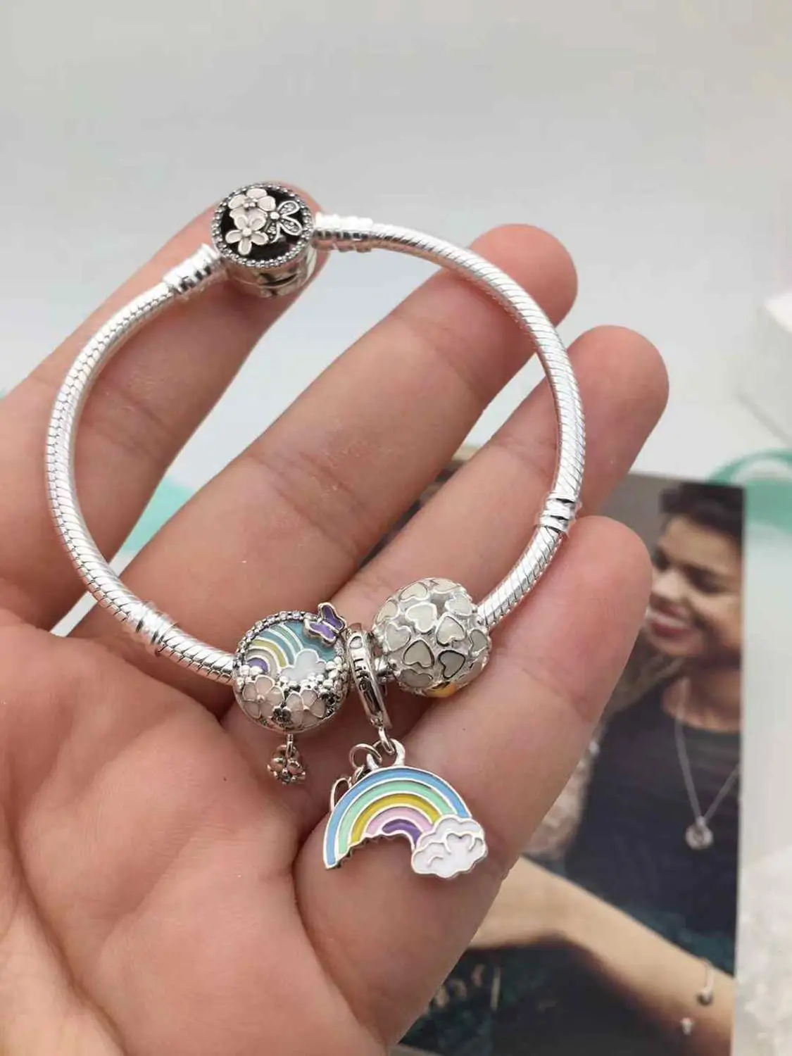 

Kaliyah Shop High Quality 1:1 100% 925 Pure Silver Niche Design After The Rain Rainbow Flower Design Bracelet Free Shipping
