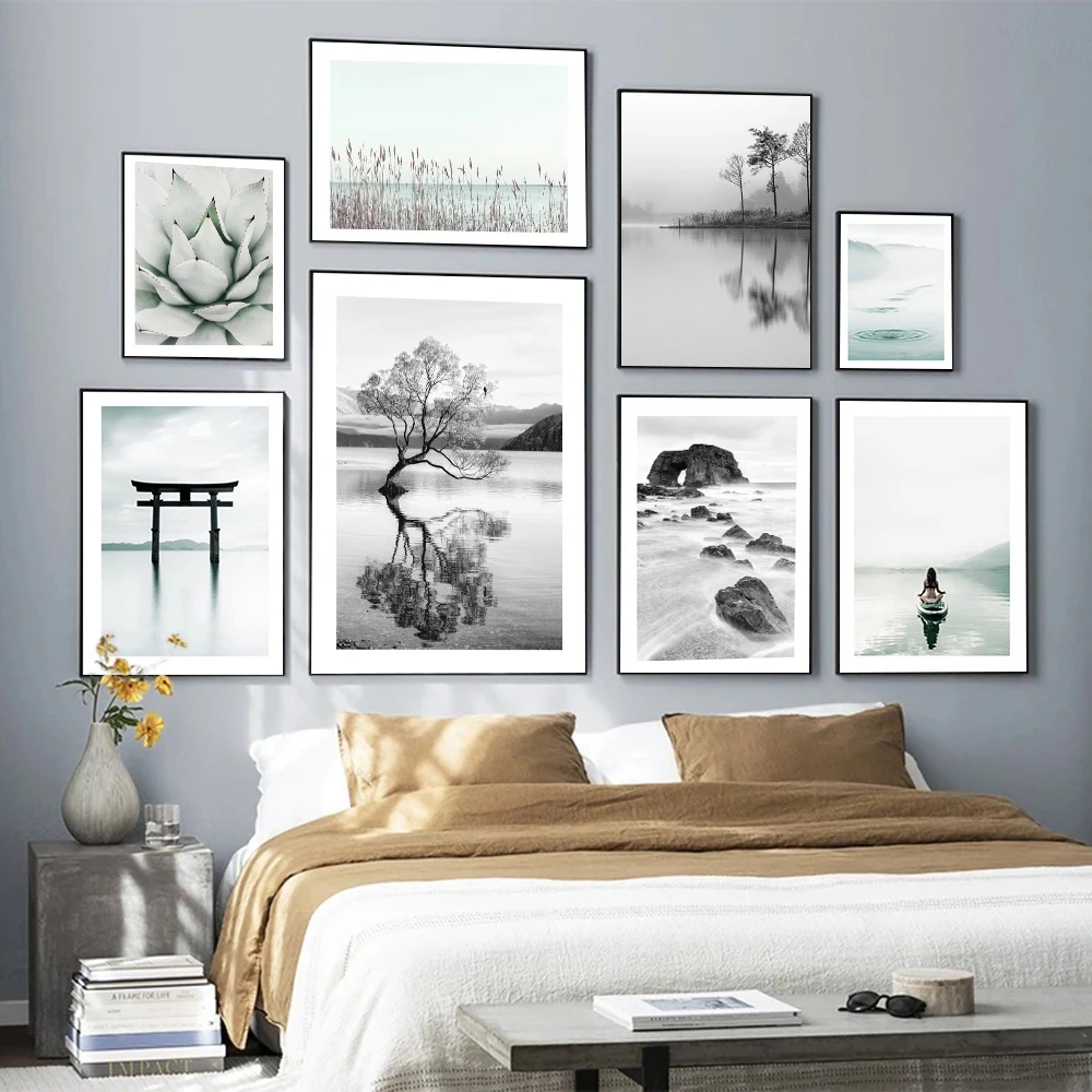 

Scandinavian Black White Nature Landscape Poster Nordic Green Agave Sea Water Print Canvas Wall Art Painting Photography Picture