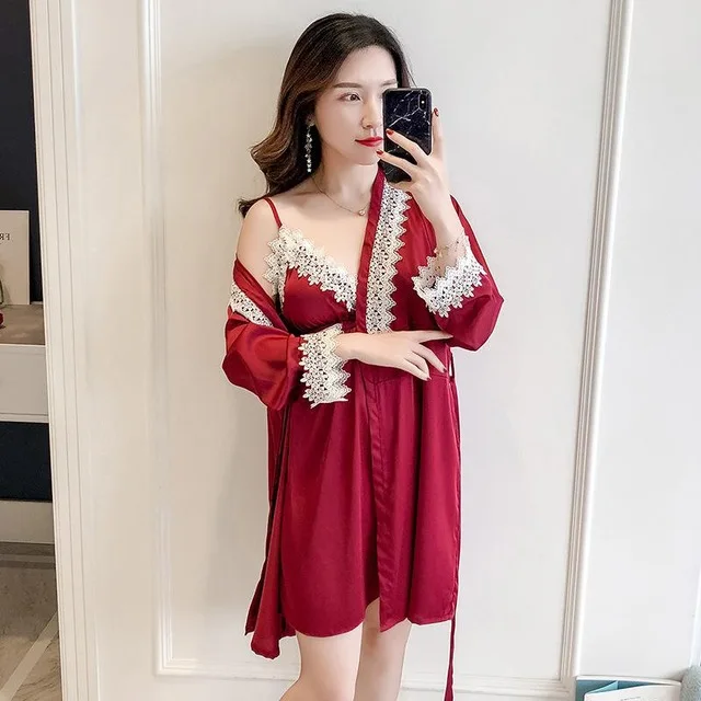 Женский кружевной лоскутный комплект из 2 предметов, ночная рубашка, сексуальная ночная рубашка с v-образным вырезом, кимоно, банное платье, мини Повседневная Ночная одежда, мягкое интимное белье