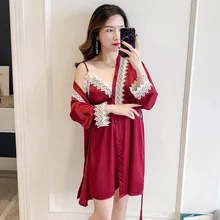 Женский кружевной лоскутный комплект из 2 предметов, ночная рубашка, сексуальная ночная рубашка с v-образным вырезом, кимоно, банное платье, мини Повседневная Ночная одежда, мягкое интимное белье