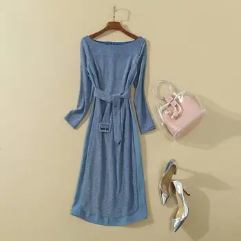 

European and American women's clothing 2020 winter new style Long sleeves with a neck lace-up Blue knitted Fashionable dress