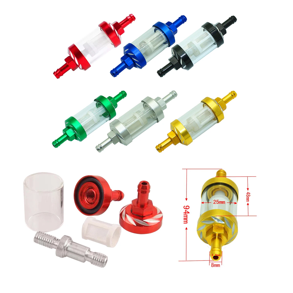 

Универсальный мотоциклетный топливный фильтр 8 мм, алюминиевый сплав с ЧПУ, стеклянный топливный бензиновый масляный фильтр для квадроцикла, внедорожника