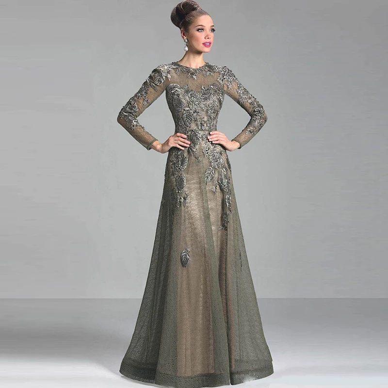 Mother Bride Dresses Elegant Brown grey Lace A Line Long Sleeve Mother of the Bride Dresses Jewel Neck Wedding Party Gowns Appliqued
