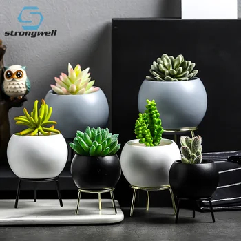 

Strongwell Succulents Planter Flower Pots Ceramics Flowerpots Art Vase With Iron Stand Home Decoration Accessories Fairy Garden