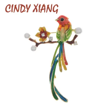 

CINDY XIANG enamel long tail bird brooches for women pearl pin fashion animal pin 3 colors avaible high quality new 2020