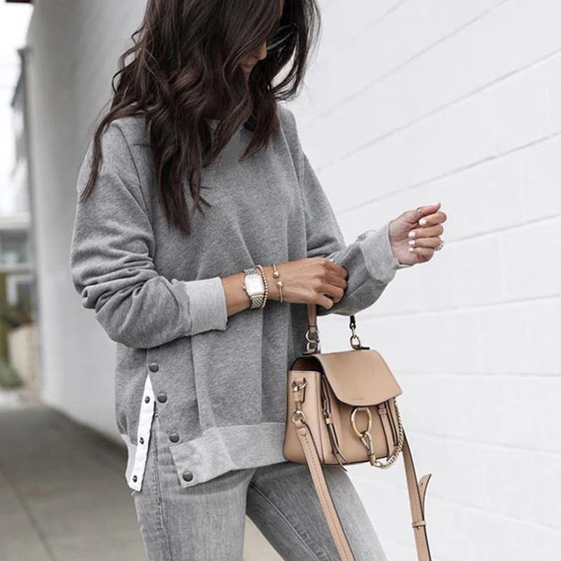 

Kate Kasin Fashion Women Long Sleeve Pullover Tops Solid Color Ladies Pullovers 2019 Autumn Round Neck Sweatshirt Female Jumper
