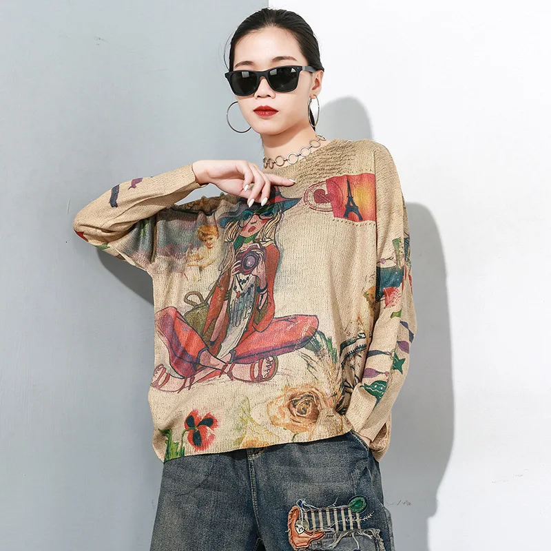 

LANMREM 2020 New Round Neck Pullover Sweater Personality Loose Long-sleeved Cartoon Large Size Knitted Sweater PC071
