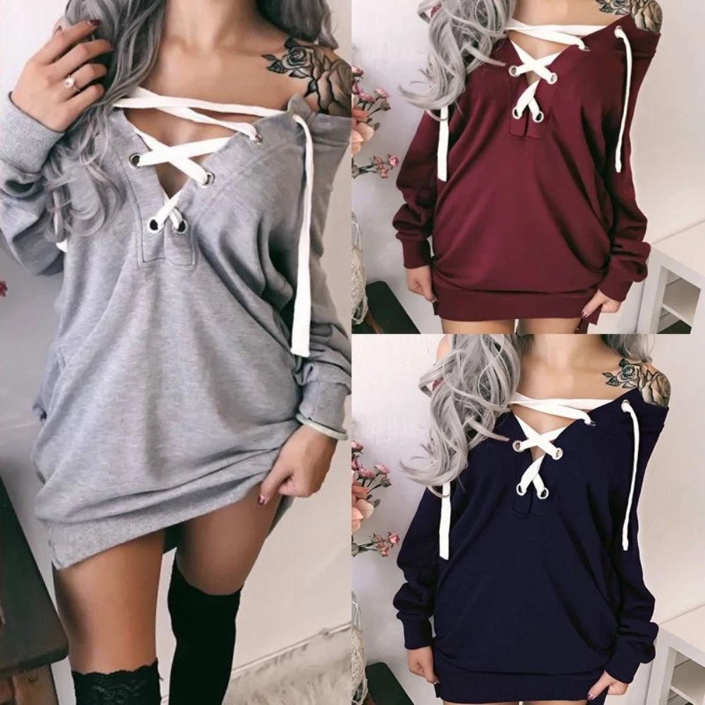  2020 Women autumn Solid Color Long Sleeve Sexy Deep V Neck Tops Front Lacing Midi Pullover Sweatshi