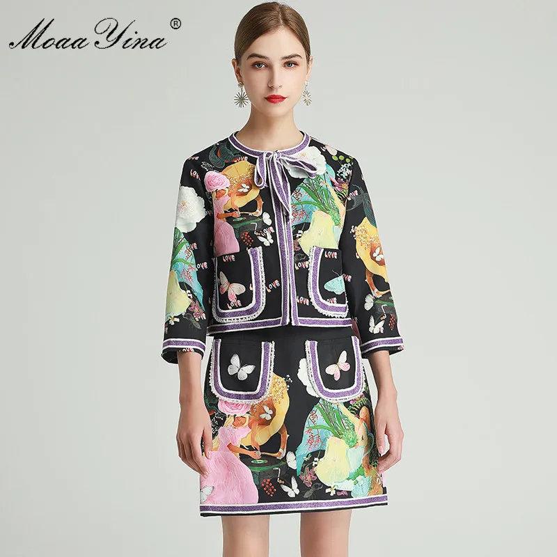 

MoaaYina Fashion Designer Set Spring Women's Pearl Beaded jacket Tops+Romantic love skirt Print Two-piece sets