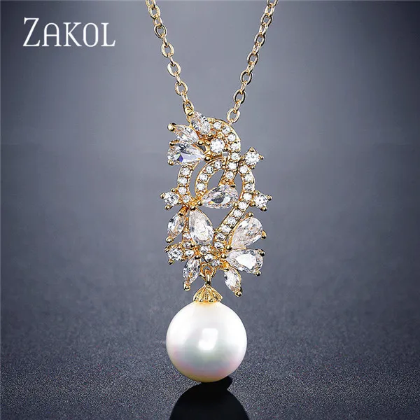 Gold Color ZAKOL Fashion Female Bridal Jewelry CZ Zirconia Necklaces Pendants with Imitation Pearls for Elegant Women Wedding FSNP2118 - Окраска металла: Gold Color