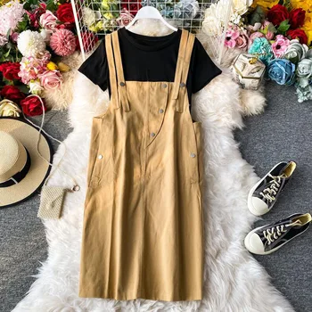 

2 Piece Set Female 2020 New Summer T Shirt Top + Straight Strap Ress Kawaii Casual Suits Two Piece Summer Clothes for Woman
