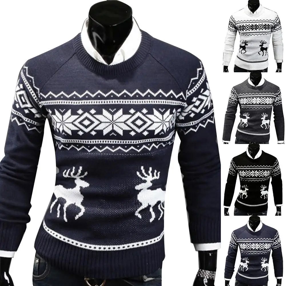 Осенне-зимний мужской свитер, пуловер, водолазка с рождественским оленем, Свитера с принтом, повседневный облегающий вязаный свитер, hombre navidad