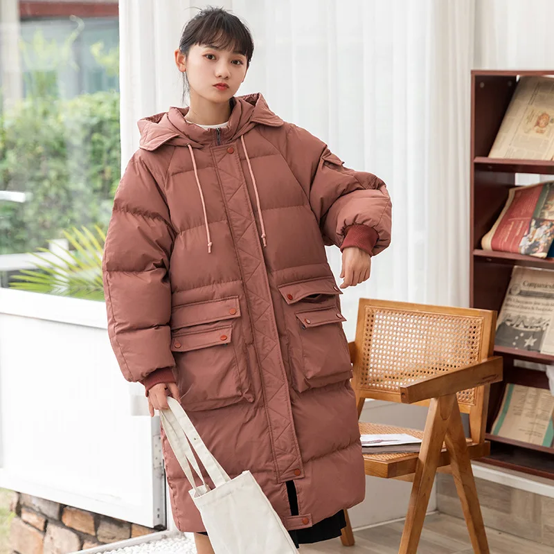 

2021 winter new women's pure color down padded jacket women's long coat over the knee thick and warm student With hood coat