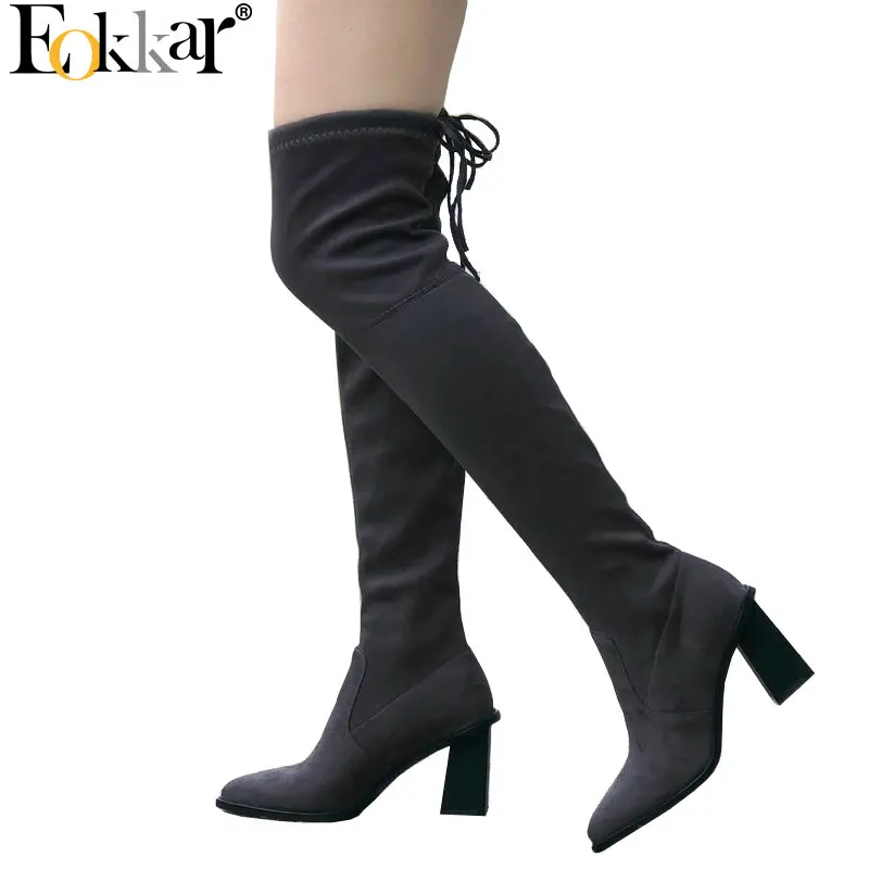 

Eokkar 2020 Women Over The Knee High Boots Stretch Thigh High Boots Pointed Toe Square High Heel Winter Ladies Boots Size 34-43