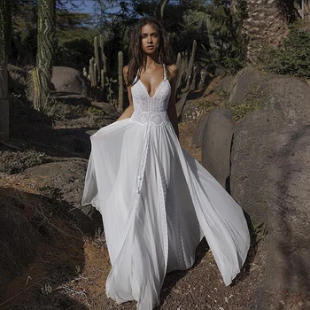 

Lace Chiffon Wedding Dresses New Bohemian Sexy Split Beach Wedding Bridal Dress Two pieces Backless Bride Gown With Cape ESAN391