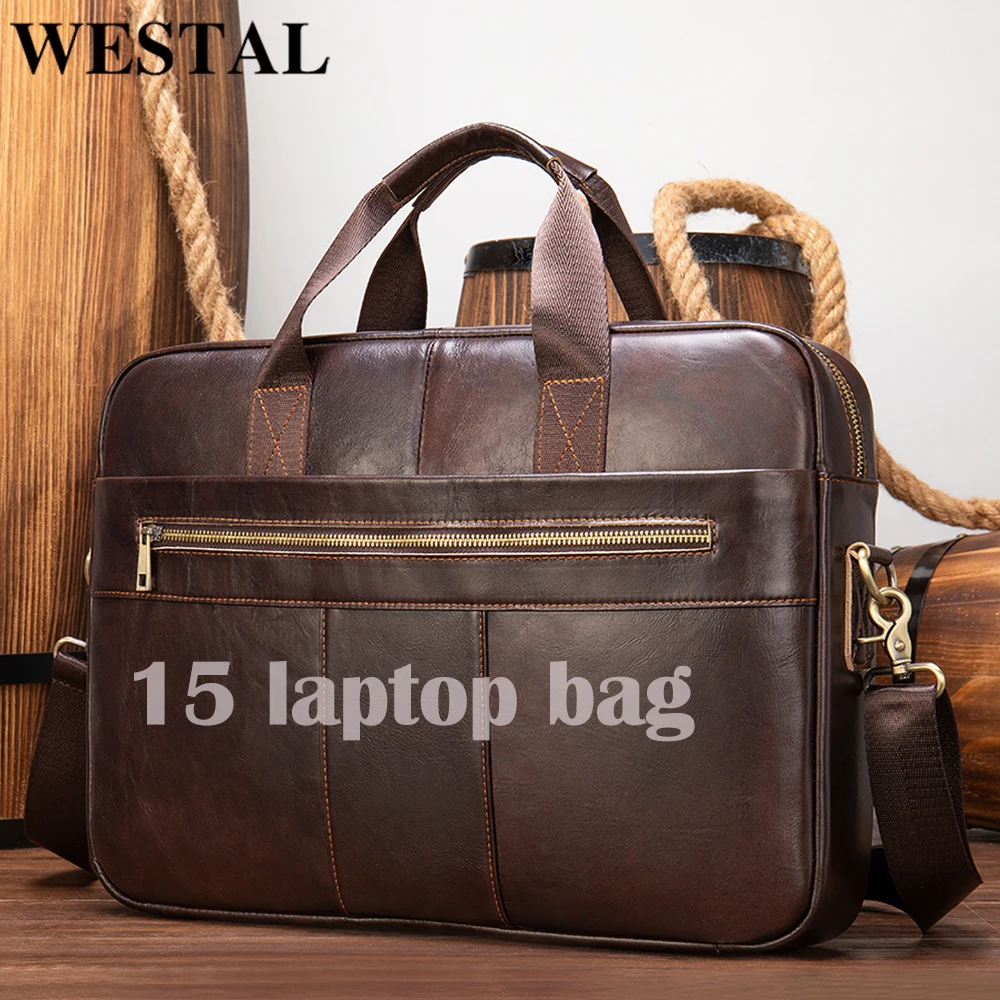 WESTAL Bag Men's Genuine Leather Laptop Bag 15'' Computer Briefcases