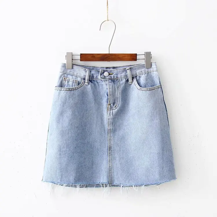

2019 Spring Summer New Products Retro High-waisted Large Pocket A- line Flash Light Color Denim Skirt Student Skirt